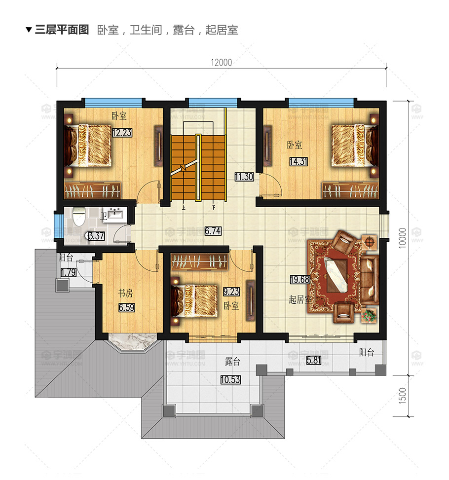 120平方米帶客廳中空農村房屋設計圖紙，外觀高端大氣